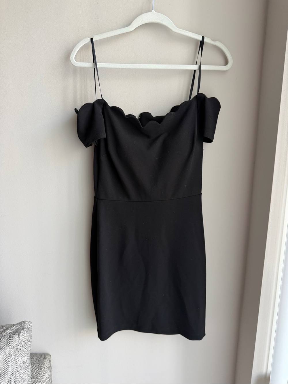 B Darlin Black Off-Shoulder Scallop-Trim Mini Dress